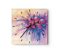 Horloge murale en verre 30x30cm Silencieuse Bouquet Fleurs Roses Wall Clock
