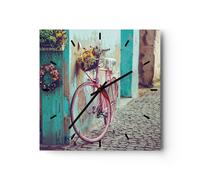 Horloge murale en verre 30x30cm Silencieuse Rose Vélo Vintage Wall Clock