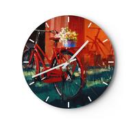 Horloge murale en verre 30x30cm Silencieuse vélo fleurs Wall Clock Decoration