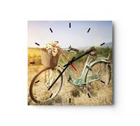 Horloge murale en verre 30x30cm Silencieuse Vélo Prairies Fleurs Wall Clock