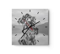 Horloge murale en verre 40x40cm Silencieuse Arbre Symétrie Lac Wall Clock
