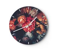 Horloge murale en verre 40x40cm Silencieuse Bouquet Fleurs Roses Wall Clock