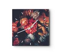 Horloge murale en verre 40x40cm Silencieuse Bouquet Fleurs Roses Wall Clock