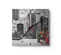Horloge murale en verre 40x40cm Silencieuse Rouge Vélo Avenue Wall Clock