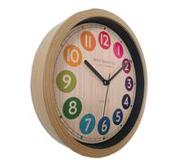 Horloge murale, horloge de cuisine, analogique, à piles, aspect bois, chiffres colorés, diamètre 22 cm