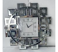 Horloge murale - Horloge murale à quartz, forme ronde - Diamètre : 60 cm - Fonctionnement silencieux - Décoration en diamant concassé - Cadre de miroir facetté - Verre et cristal - Argent