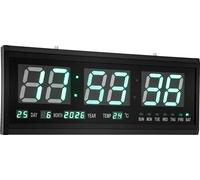 Horloge murale - Horloge numérique à LED - Grand écran 48 x 19 cm - Fixation murale - Silencieuse - Pour chambre, salon ou bureau - Noir