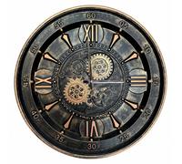 Horloge murale industrielle vintage, noire et dorée, avec engrenages, décor mécanique