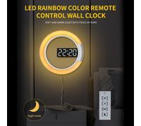 Horloge murale LED creuse avec miroir et télécommande, ronde, alarme numérique, éclairage décoratif, 7 couleurs, veilleuse, luminosité réglable, 12/24 heures