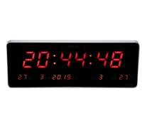 Horloge murale LED, dimensions 36x13x3 cm, affichant l'heure, la température et un calendrier, idéale pour la cuisine