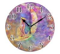 Horloge Murale Moderne Pendules Murales Ronde Pendule Murale pour Bureau Chambre Déco 25cm Chat Magique Galaxie Boho Étoile Lune