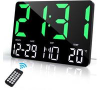 Horloge murale numérique 12 pouces avec grand écran LED, réveil numérique avec date, température et fonction snooze, télécommande, grand écran vert