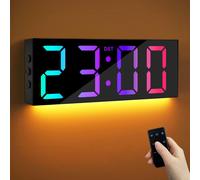 Horloge murale numérique 12 pouces, LED, 8 couleurs, affichage de la date et de l'heure, fonction veilleuse, noire