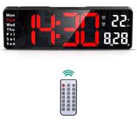 Horloge murale numérique 13 pouces avec affichage LED et télécommande - minuterie, 2 alarmes, date/heure/température