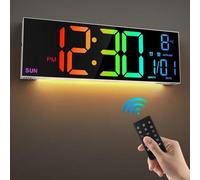 Horloge murale numérique 16 pouces avec télécommande, double alarme, 8 couleurs LED RGB, grand écran, luminosité automatique, date, heure d'été/heure d'hiver, température