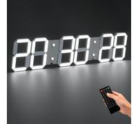 Horloge murale numérique 66,5 cm, design 3D avec éclairage LED, blanche, incluant une télécommande