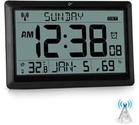 Horloge murale numérique à écran LCD 10,6 pouces, radiocommandée, avec affichage de la température, de l'humidité, de la date, de l'heure, alarme et heure d'été, pour le salon, la cuisine ou le bureau