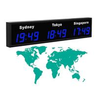 Horloge murale numérique à fuseaux horaires multiples Blue-3City | Horloge pour villes du monde entier,avec télécommande et luminosité réglable,pour les bureaux,les hôtels et les halls