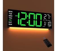 Horloge murale numérique à LED 16,5 pouces, veilleuse, fonction de gradation automatique, alarmes, couleurs RVB, affichage de la température, télécommande, minuterie 12/24 heures