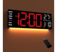 Horloge murale numérique à LED de 16,5 pouces avec veilleuse, fonction de gradation automatique, 2 alarmes, 8 couleurs RVB, affichage de la température, télécommande, minuterie 12/24 heures