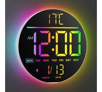Horloge murale numérique avec télécommande, horloge ronde de 10 pouces, 8 couleurs RVB, affichage LED moderne, luminosité automatique, heure d'été, température, réveil pour le salon, la chambre à couc