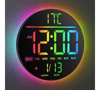 Horloge murale numérique avec télécommande, horloge ronde de 10 pouces, 8 couleurs RVB, affichage LED moderne, luminosité automatique, heure d'été, température, réveil pour le salon, la chambre à couc