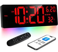 Horloge murale numérique de 16,5 pouces, avec Bluetooth, écran rouge, minuteur et réveil