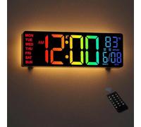 Horloge murale numérique - Horloge murale de 10,5 pouces avec affichage de la température, de la date et du jour, couleurs RVB, réglage automatique de la luminosité, veilleuses, affichage LED 24/12 he