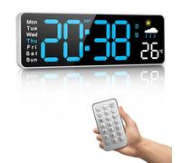 Horloge murale numérique LED 30,5 cm avec heure d'été DST, alimentation secteur, gradation automatique, prévisions météo, température, avec télécommande, pour salon, salle de sport, église, garage