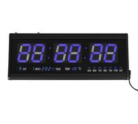 Horloge murale numérique LED - Affiche l'heure, la date et la température en °C - Dimensions : 48 x 19 x 3 cm - Aluminium et verre - Alimentation secteur 220V - Peut être e comme horloge murale ou de