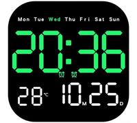 Horloge murale numérique LED avec calendrier de phases de lune, thermomètre, alarme, compte à rebours, double emplacement, télécommande pour bureau, chambre à coucher (vert)