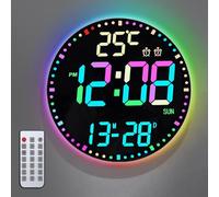 Horloge murale numérique LED de 30,5 cm avec télécommande, horloge murale numérique RVB, changement de couleur, affichage de la température, 2 alarmes, date semaine, luminosité automatique, horloge