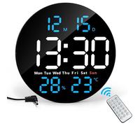 Horloge Murale Numérique LED Ronde 25CM, Horloge Digitale avec Télécommande, Température, Humidité, Date, Bleu+blanc blanc HORLOGE