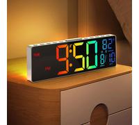 Horloge murale numérique - Réveil - Écran LED de 26,7 cm - Télécommande - Rétroéclairage réglable en 8 couleurs - Double alarme - Affichage de la date et de la température - Blanc