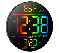 Horloge murale numérique - Réveil rond moderne - 25,4 cm - Éclairage RGB avec 11 modes de couleur - Télécommande - Double alarme - Affichage de la température et de la date - Noir