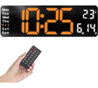 Horloge murale numérique XL avec affichage de la température, grand écran LED sans tic-tac, orange/blanc