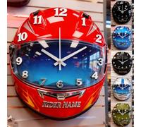 Horloge murale personnalisée sur le thème du casque de course de motocycliste pour chambre à coucher, salon, club, impression plate 2D personnalisée, nom de pilote de moto, pilote de course, art mural