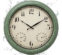 Horloge murale pour jardin, 38 cm, étanche, style vintage, avec thermomètre et hygromètre, couleur verte