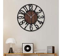 Horloge murale pour le salon - Horloge décorative en bois et métal noir de 34 cm, silencieuse et sans tic-tac, pour maison de campagne, chambre à coucher, cuisine ; décoration murale fonctionnant à pi
