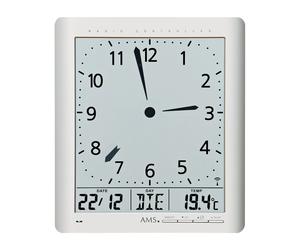 Horloge murale radio AMS, mouvement radio avec affichage analogique de l'heure et affichage numérique de l'heure date jour de la semaine température, 21x24x3cm, 5898