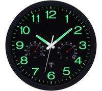 Horloge murale - Radiocommandée - Lumineuse dans le noir - Thermomètre et hygromètre - Silencieuse - Noir et blanc - Pour cuisine, chambre et bureau