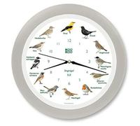 Horloge murale représentant des oiseaux chantants, couleur gris soie, 34 cm, avec 12 chants d'oiseaux