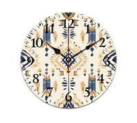 Horloge Murale Ronde 25cm Motif géométrique bohème pour Tissu Pendules Déco | Silencieuse Horloges Murales Fonctionnement à Piles Horloge à Quartz pour Salon Bureau Maison