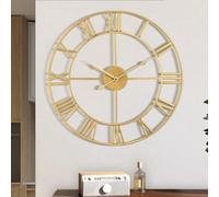 Horloge murale ronde à chiffres romains, style vintage, horloge murale en métal au tic-tac discret pour le salon, la cuisine, la chambre à coucher ou la décoration de jardin - dorée, 60 cm