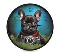 Horloge murale ronde avec caméra - Bouledogue français - 25,4 cm - Sans | Horloge murale ronde à piles, cadran en verre trempé, horloge décorative moderne pour la maison, la salle à manger