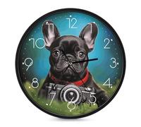 Horloge murale ronde avec caméra - Bouledogue français - 25,4 cm - Sans | Horloge murale ronde à piles, cadran en verre trempé, horloge décorative moderne pour la maison, la salle à manger
