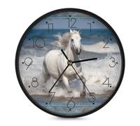 Horloge murale ronde avec cheval blanc courant sur la mer 25,4 cm | Horloge murale ronde à piles, cadran en verre trempé, horloge décorative moderne pour la maison, la salle à manger