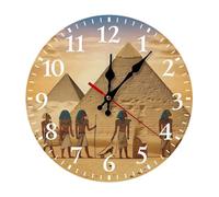Horloge murale ronde en bois 25 x 25 cm, silencieuse, sans tic-tac | Horloge murale en bois massif | Fonctionnement à piles | Égyptiens anciens | Décoration pour la maison, le bureau, la cuisine
