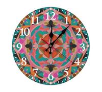 Horloge murale ronde en bois 30 x 30 cm, silencieuse, sans tic-tac | Bois massif | Fonctionne avec piles | Motif bohème coloré | Décoration pour la maison, le bureau, la cuisine