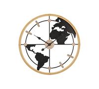Horloge murale ronde en Métal et MDF 60x5x60cm Noir et Naturel - Design carte du monde